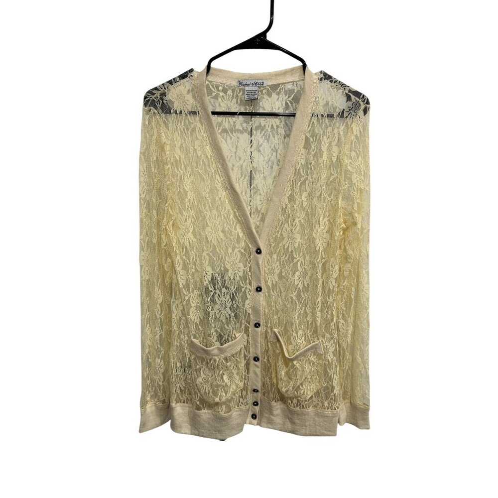 Rachael & Chloe Beige Sheer Lace Cardigan Button Pockets Size M Boho Coquette